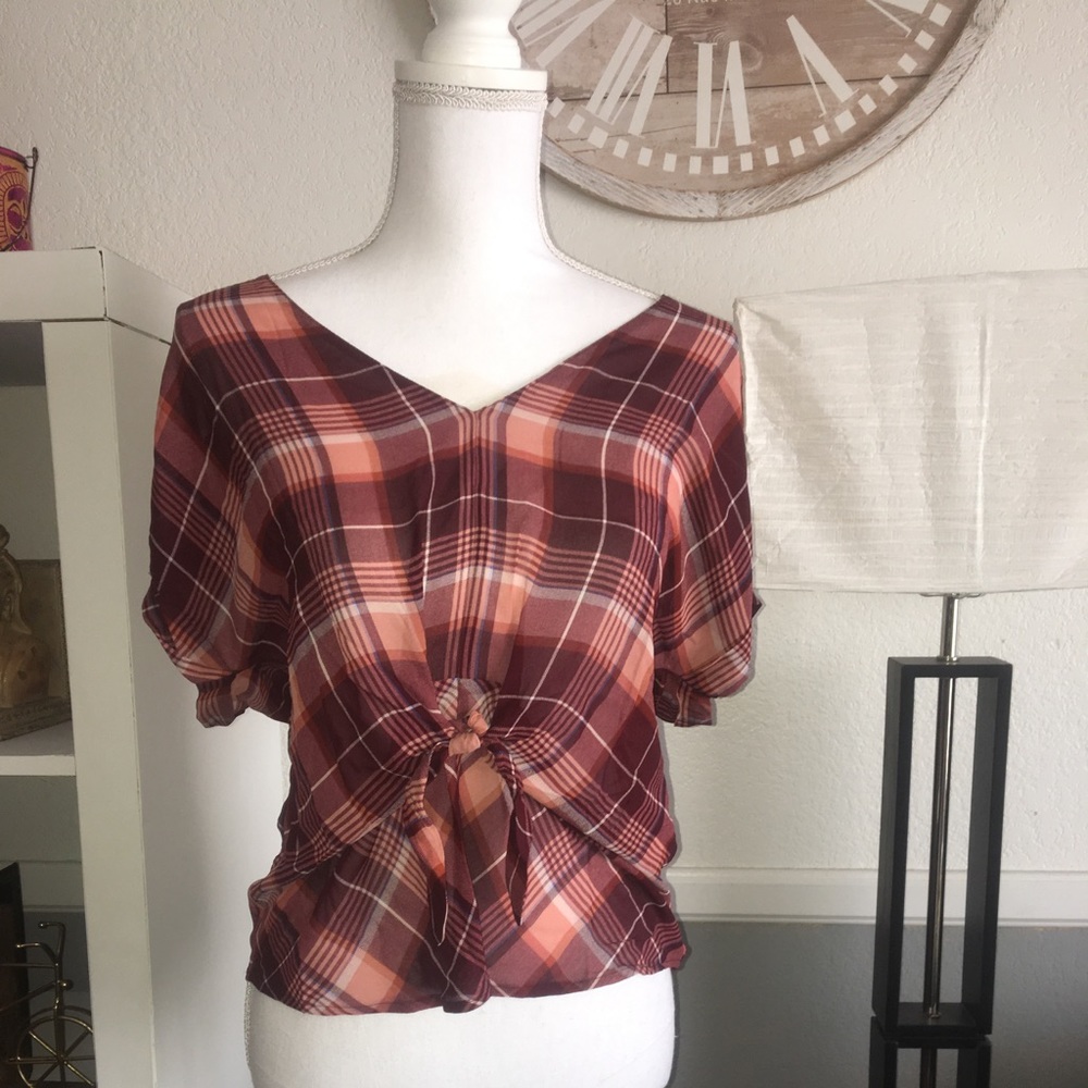 New Lucky Brand Red Plaid Tie Front Blouse Top